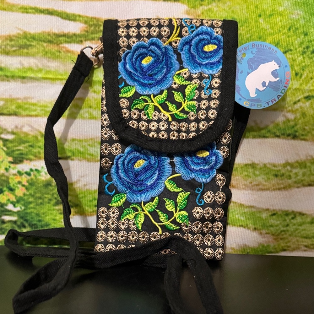 Embroidered Black and Blue Floral Women's Bag